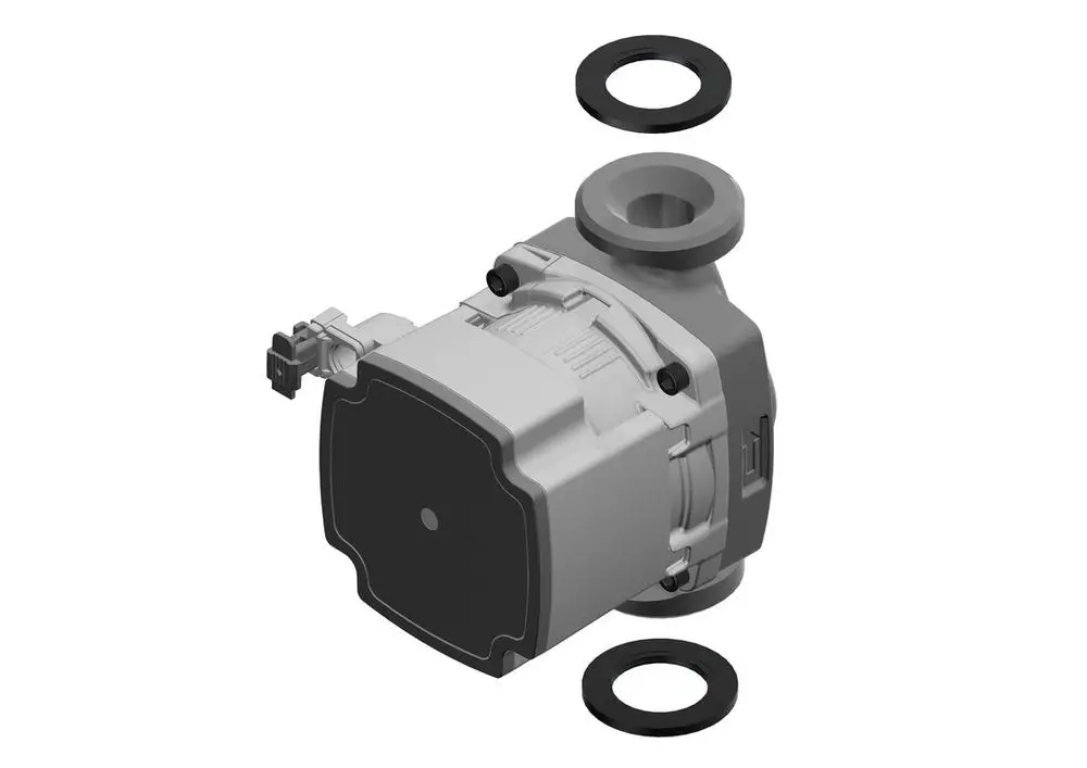 Bosch Pumpe in grauer Ausführung mit elektrischer Anschlussbox, zwei O-Ringen und Ansaugöffnung, abgebildet vor weißem Hintergrund.